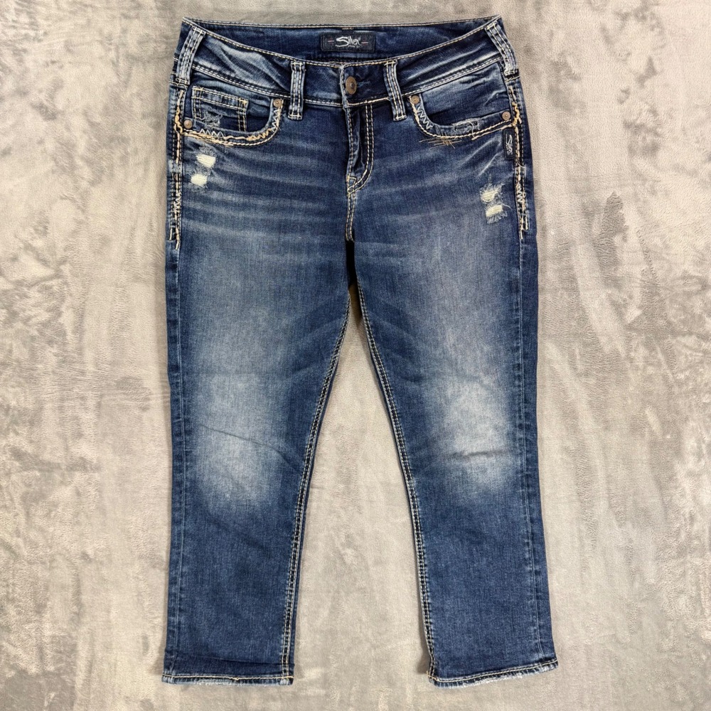 Silver Jeans Elyse Capri Jeans Women's 26 / 22.5 Dark Blue Distressed